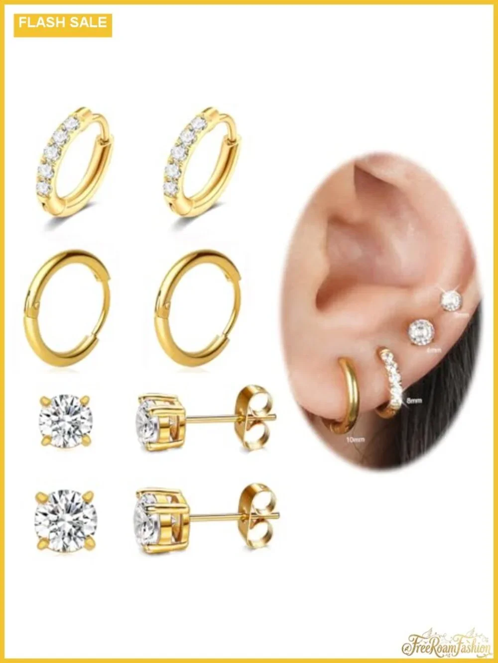 Gold Plated Huggie Hoop Earrings Set for Women - CZ Studs